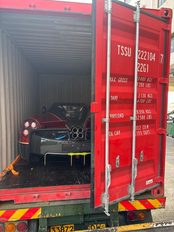 Pagani Huayra secured inside a shipping container